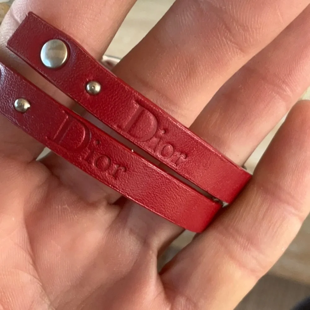 AUTH VTG Christian Dior Red Leather Logo Silver Belt Buckle Large Hoop Earrings - Picture 12 of 14